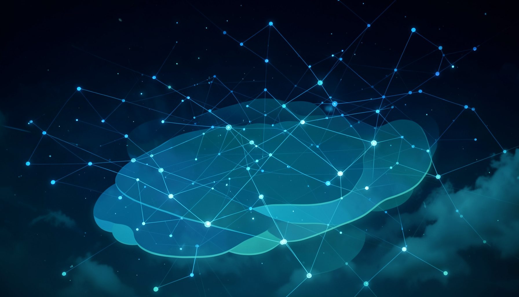 Abstract cloud infrastructure visualization with layered blue and teal gradients suggesting distributed nodes and secure connections across a dark digital sky